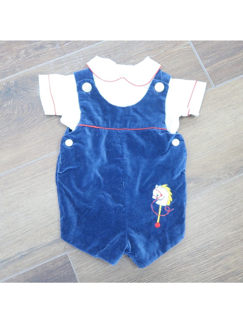 Vintage 80s Baby Boy Blue Velvet Romper and Shirt Two Piece Set 3-6 Months